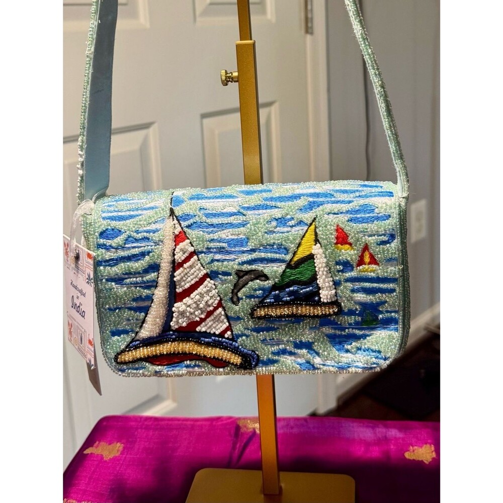 NWT Handcrafted in India Beaded Sailboat Flap Shoulder Bag